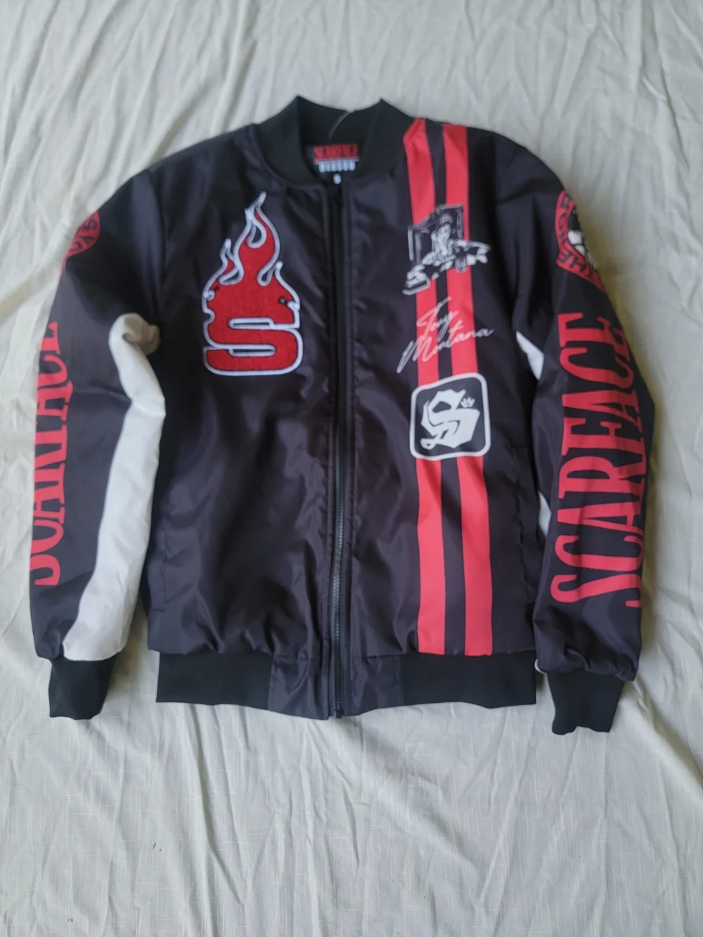 Reason SCARFACE  Black Red Nostalgic Bomber Racer Stripe Bomber Jacket Nwt S